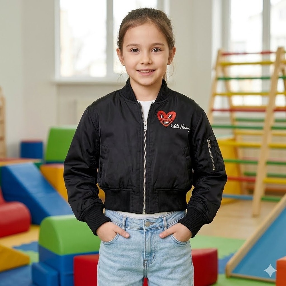 HM Keith Haring Kids Black Bomber Jacket Heart Pop Art Green Lining Size 8-9Y